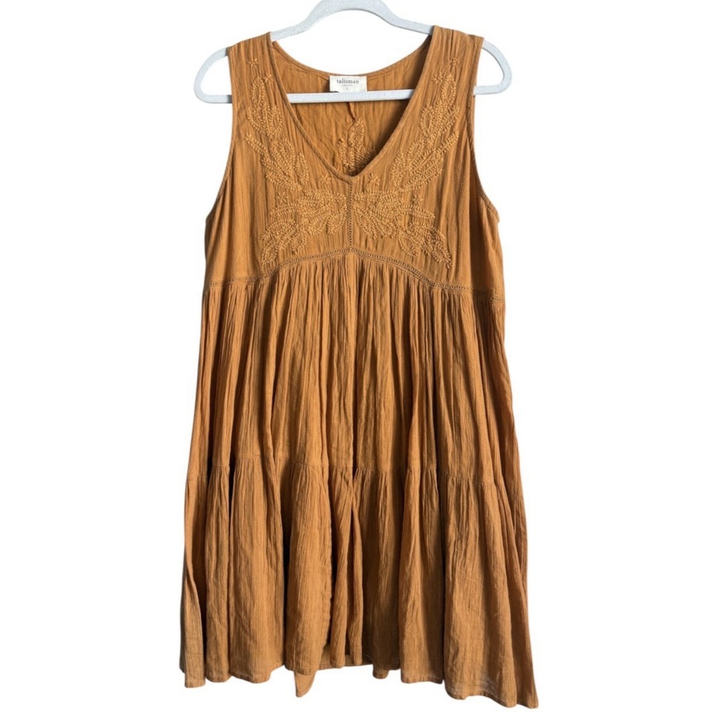 Talisman Athena Embroidered Mini Dress Large Mustard Yellow Boho Tiered Festival